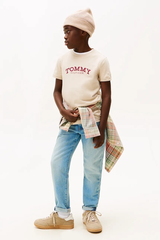 Chłopiec Tommy Hilfiger t-shirt bawełniany dziecięcy KB0KB10051.98.122.PPY2 beżowy