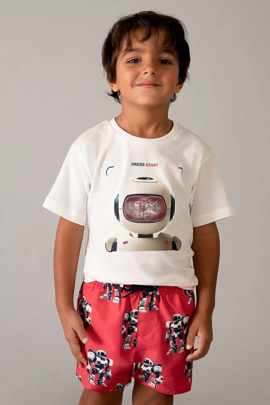 Παιδικό βαμβακερό μπλουζάκι Mayoral στάμπα μπεζ 3065.5E.Mini.PPY2