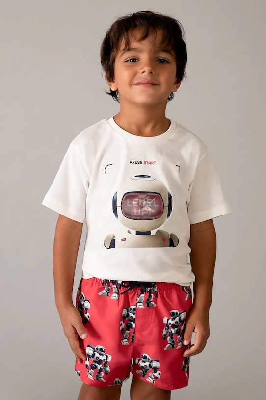 Παιδικό βαμβακερό μπλουζάκι Mayoral στάμπα μπεζ 3065.5E.Mini.PPY2