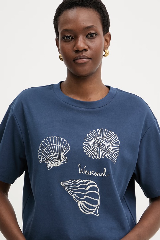 Weekend Max Mara t-shirt bawełniany SABATO aplikacja granatowy 2615941112600