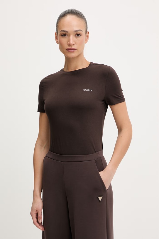 Guess t-shirt TRACEY z elastanem brązowy V6RI07.J1314
