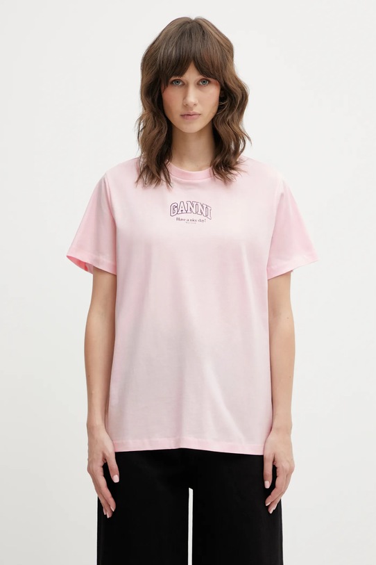 GANNI t-shirt bawełniany A1050057 nadruk różowy A1050057