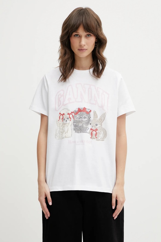 GANNI t-shirt bawełniany A1050029 wzorzyste biały A1050029
