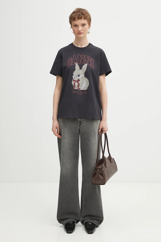 GANNI t-shirt bawełniany A1050061 szary