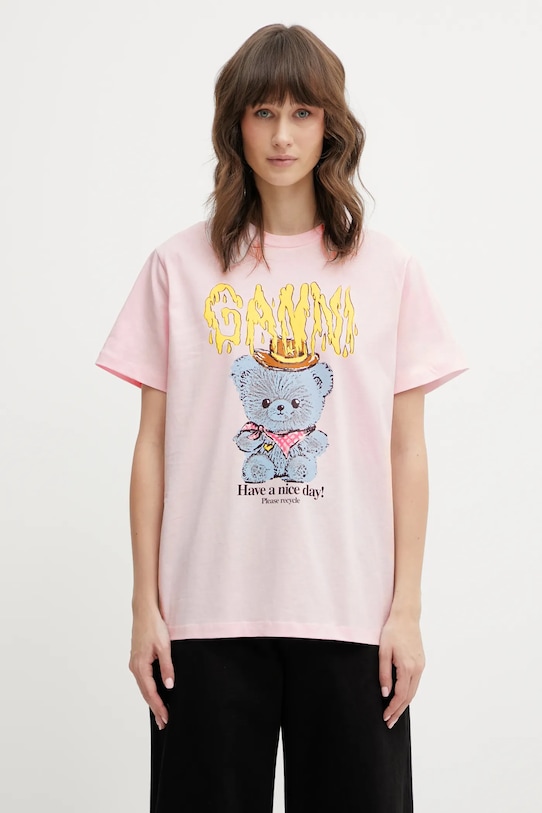 GANNI t-shirt bawełniany A1050074 nadruk różowy A1050074