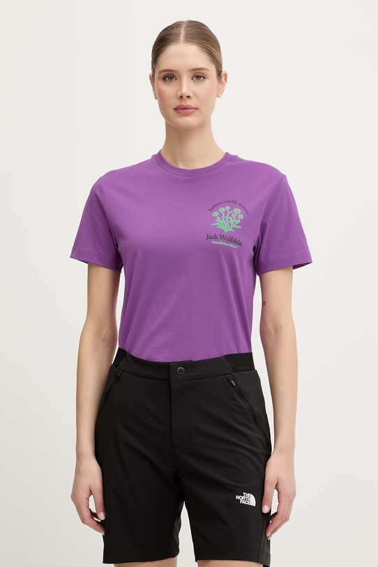 Jack Wolfskin t-shirt basic damski bawełniany Carefree fioletowy A65756