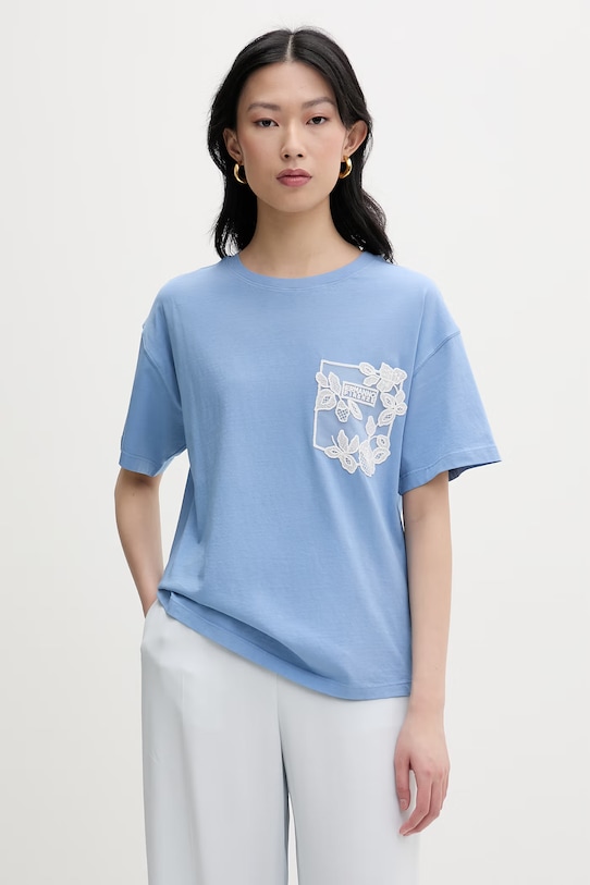 ERMANNO Firenze t-shirt basic damski bawełniany niebieski D48EL009EE3