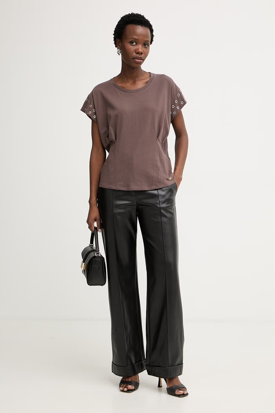 Liu Jo t-shirt damski bawełniany z elastanem TA6251.JS003 brązowy SS26