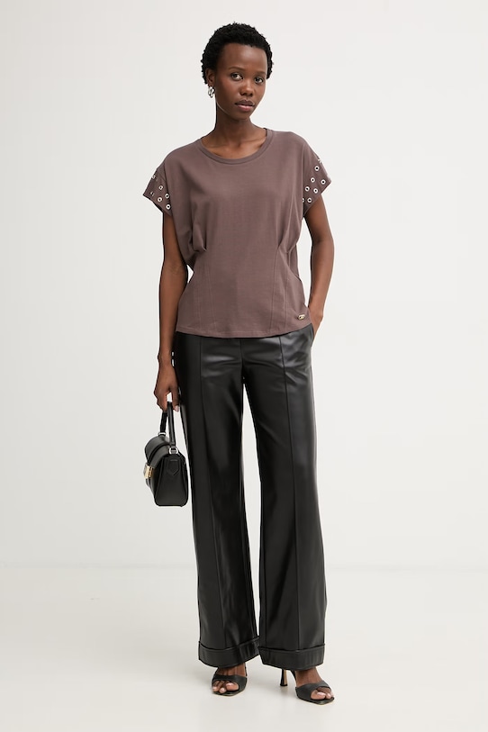 Liu Jo t-shirt damski bawełniany z elastanem TA6251.JS003 brązowy SS26