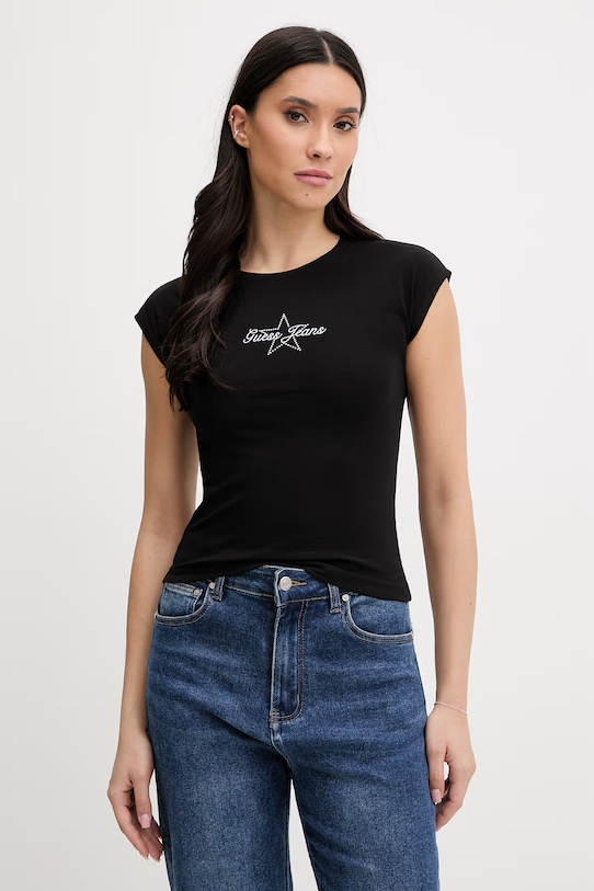 Μπλουζάκι Guess Jeans κανονικό μαύρο W6RI21.J1314