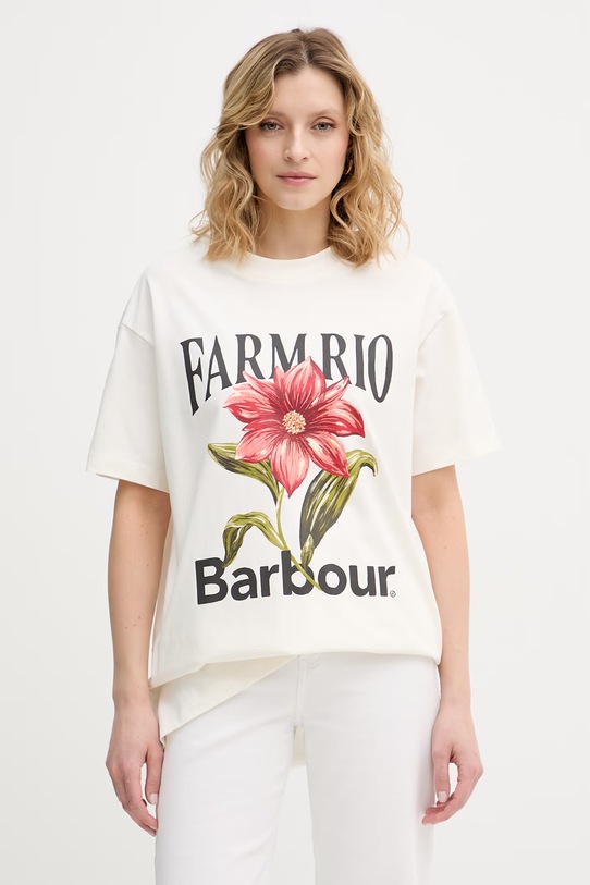 Barbour T-shirt damski bawełniany x Farm Rio beżowy LTS0736