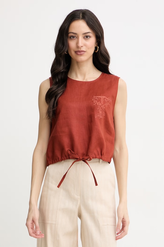 Twinset топ дамски от лен кафяв 261TT2303