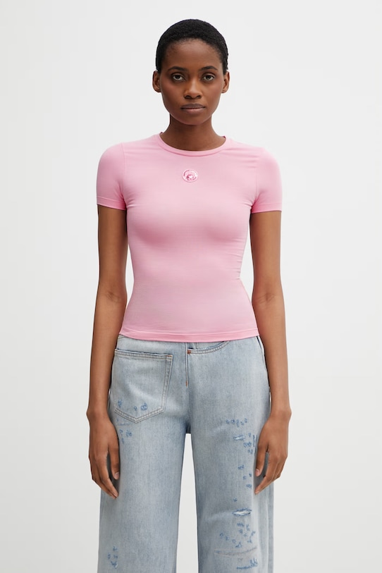 Marine Serre Pearl Logo tričko bavlněné s elastanem dámské růžová WTT012ACJER0115