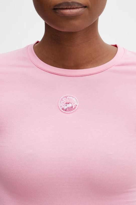 Marine Serre Pearl Logo tričko bavlněné s elastanem dámské růžová WTT012ACJER0115