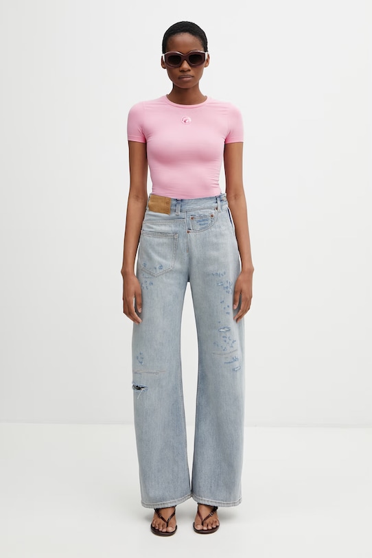 Marine Serre Pearl Logo tričko bavlněné s elastanem dámské WTT012ACJER0115 růžová