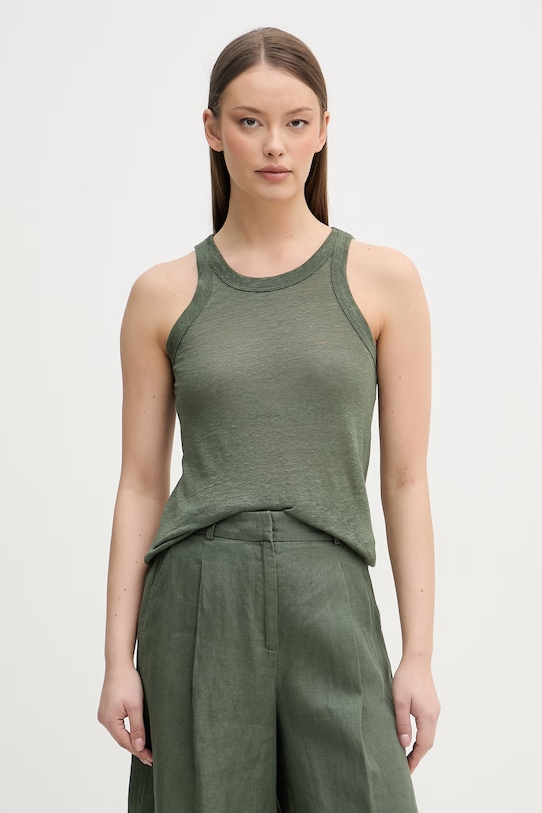 United Colors of Benetton top ženski od lana zelena 3TKEEH001