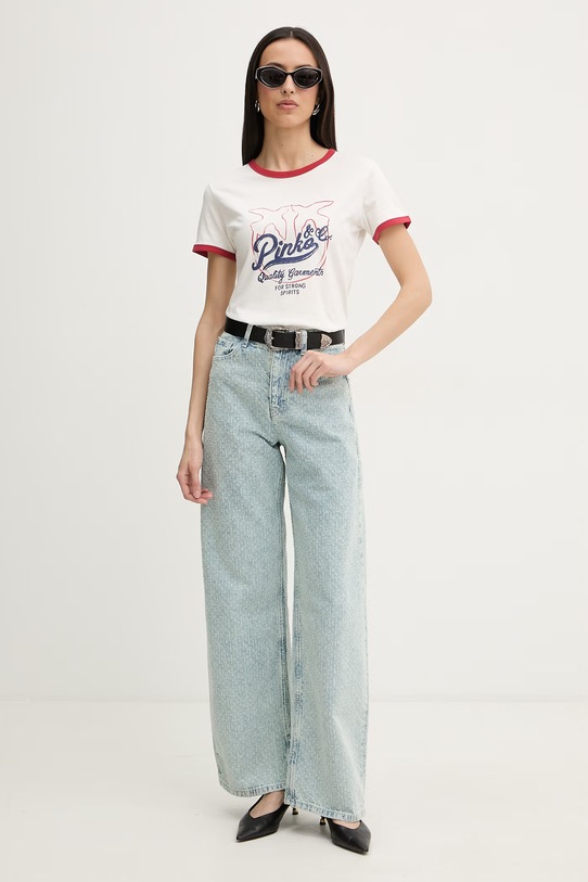 Pinko t-shirt damski bawełniany 106902.A3C2 beżowy SS26