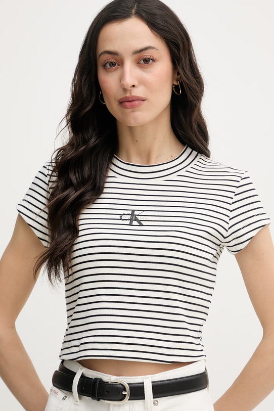 Calvin Klein Jeans crop top dámsky bavlnený s elastanom béžová LV047F833G