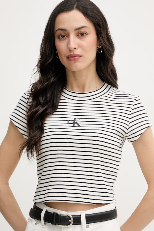 Calvin Klein Jeans crop top dámsky bavlnený s elastanom béžová LV047F833G