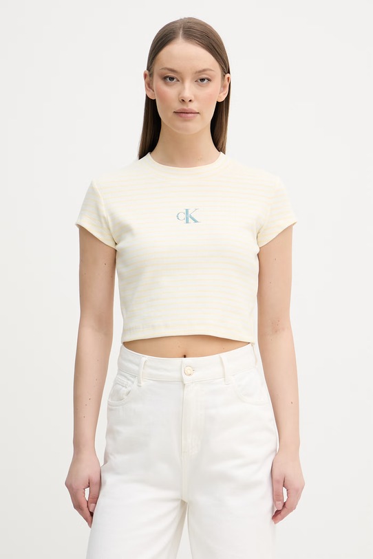 Calvin Klein Jeans crop top damski bawełniany z elastanem beżowy LV047F833G