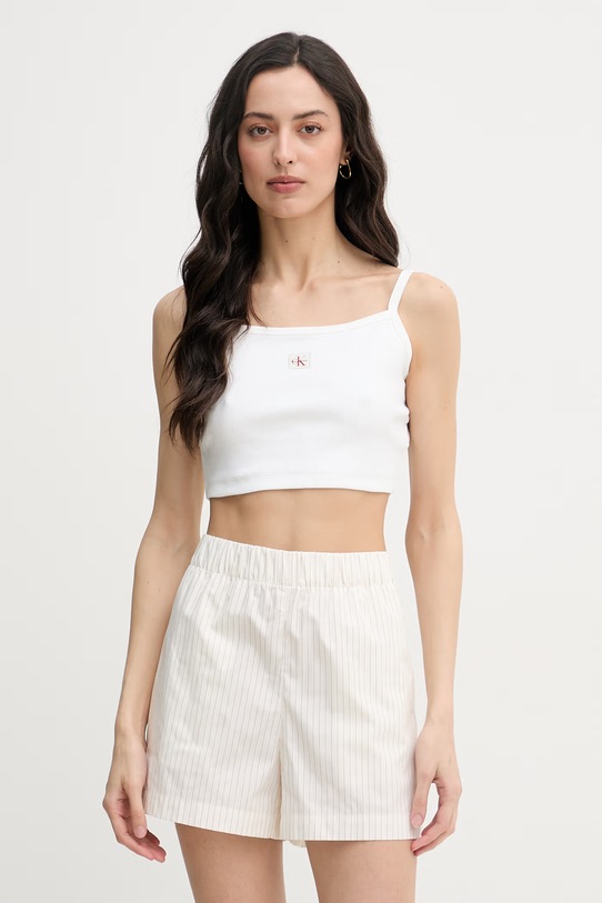 Calvin Klein Jeans crop top damski bawełniany z elastanem beżowy LV047F221G