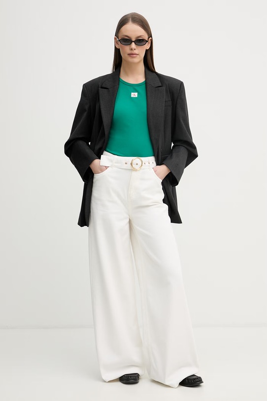 Calvin Klein Jeans top dámsky bavlnený s elastanom LV047F246G zelená SS26