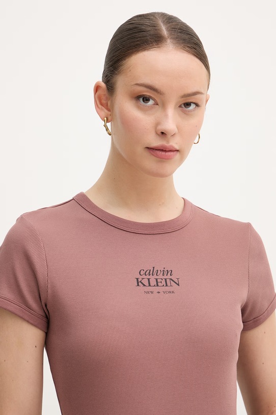 Calvin Klein Jeans T-shirt damski bawełniany z elastanem brązowy LV047F240G