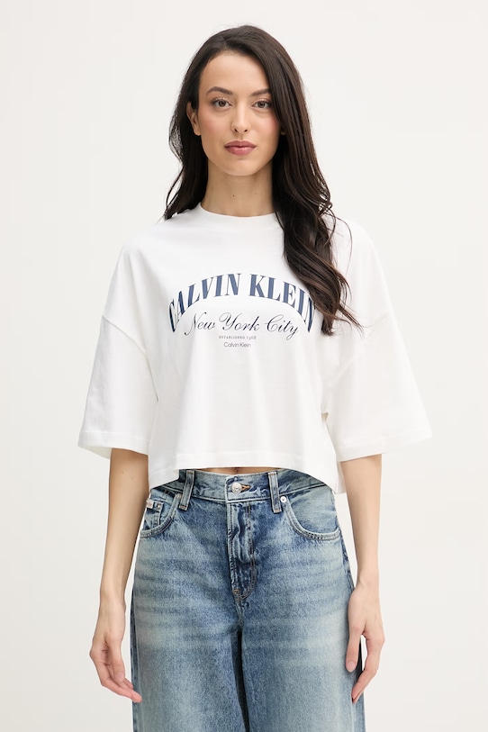 Calvin Klein Jeans T-shirt damski bawełniany beżowy LV047F813G