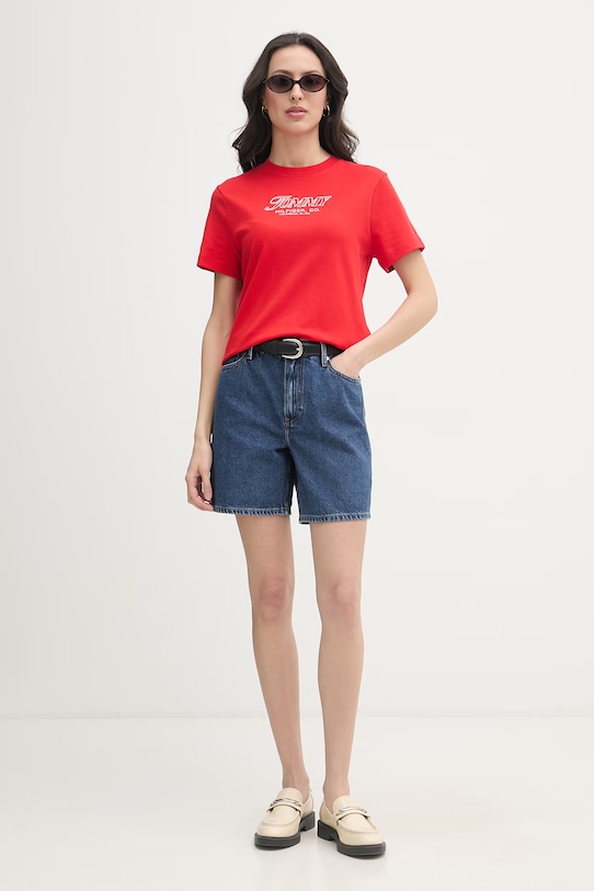 Tommy Hilfiger t-shirt damski bawełniany SUMMER WW0WW48707 czerwony SS26