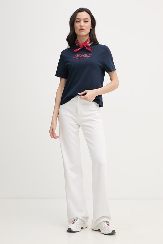 Tommy Hilfiger t-shirt damski bawełniany SUMMER WW0WW48707 granatowy SS26