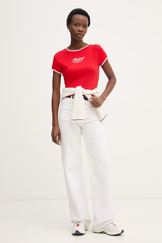 Tommy Hilfiger t-shirt damski bawełniany WW0WW49245 czerwony SS26