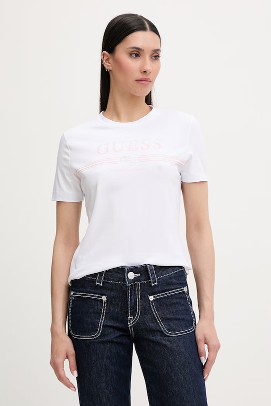 Guess T-shirt damski bawełniany z elastanem SIENA biały V6GI07.K2968