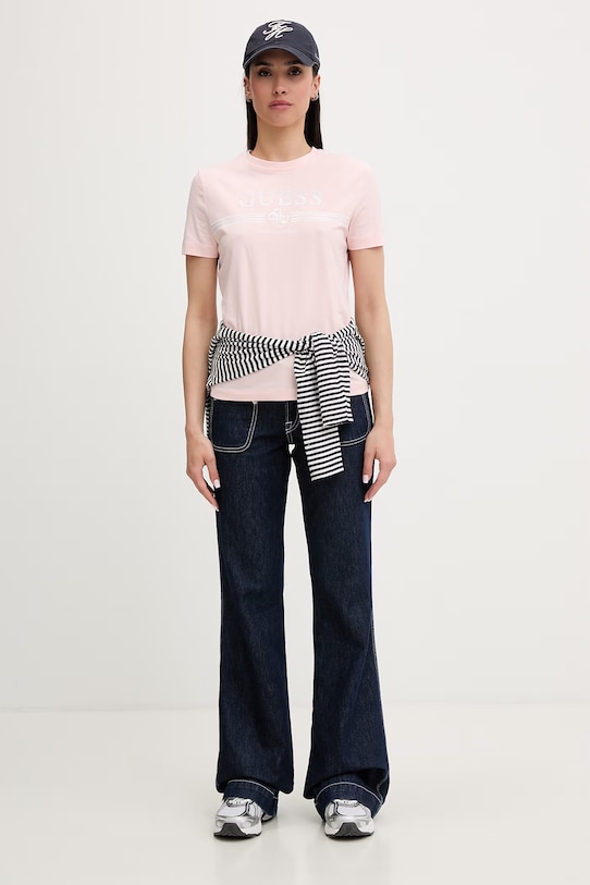 Guess T-shirt damski bawełniany z elastanem SIENA V6GI07.K2968 różowy SS26