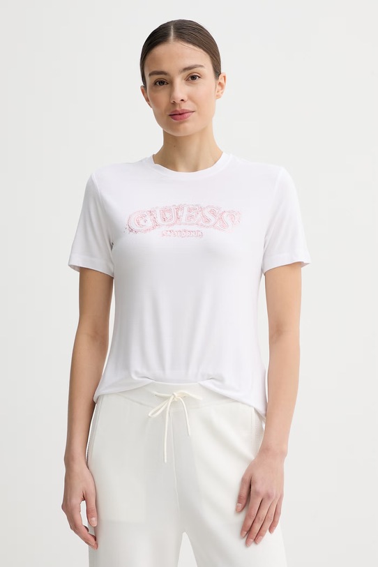Guess t-shirt damski z wiskozy LEONA biały V6GI15.K2982