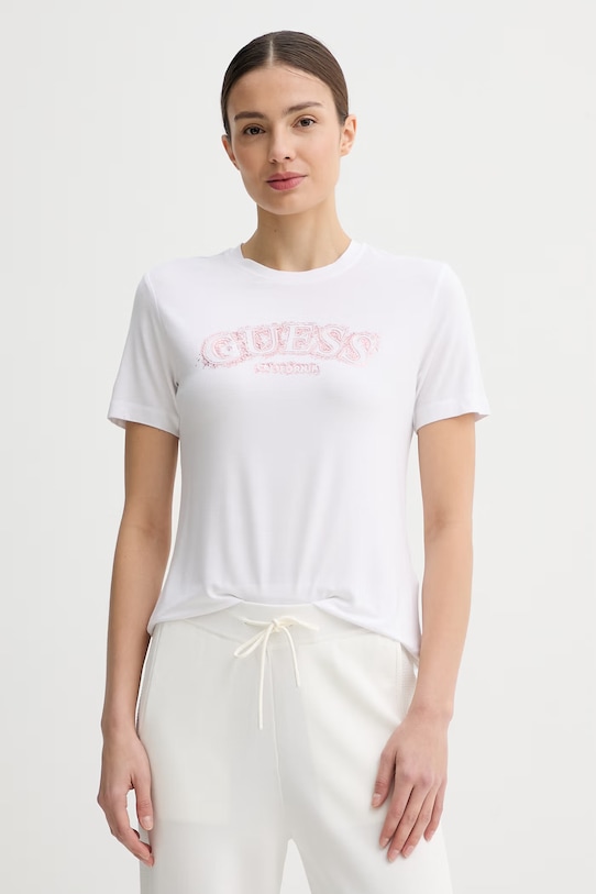 Guess t-shirt damski z wiskozy LEONA biały V6GI15.K2982