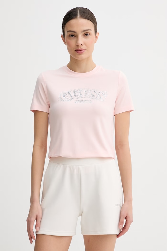 Guess t-shirt damski z wiskozy LEONA różowy V6GI15.K2982