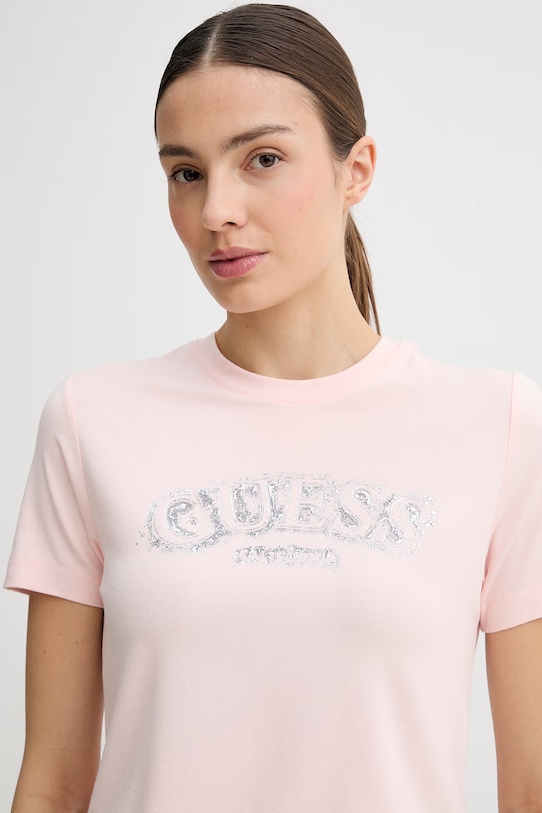 Guess t-shirt damski z wiskozy LEONA różowy V6GI15.K2982
