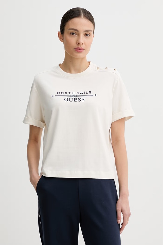Guess T-shirt damski X NORTH SAILS beżowy W6GI03.K2657