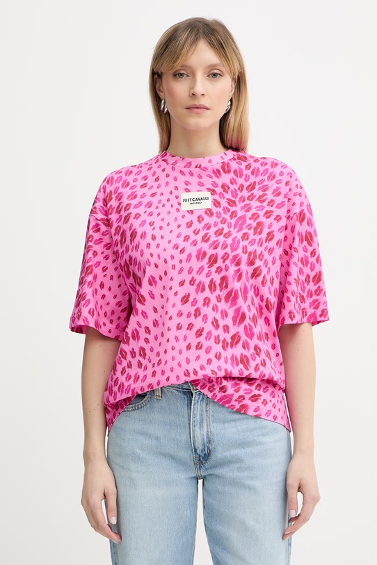 Just Cavalli t-shirt bawełniany wzorzyste różowy 80PAHE05.CJ110