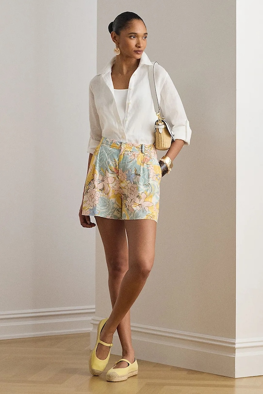 Oblačila Lauren Ralph Lauren elegantne kratke hlače ženske lanene 200P10134 modra