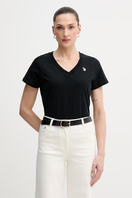 Βαμβακερό μπλουζάκι U.S. Polo Assn. V-NECK κανονικό μαύρο WUP0635