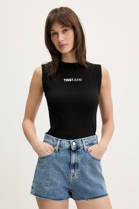 Tommy Jeans top pentru femei, din bumbac cu elastan negru DW0DW22577