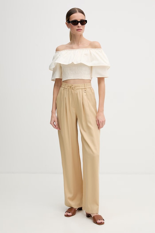 Gaudi bluzka z falbanką damska bawełniana 611FD45012 beżowy SS26