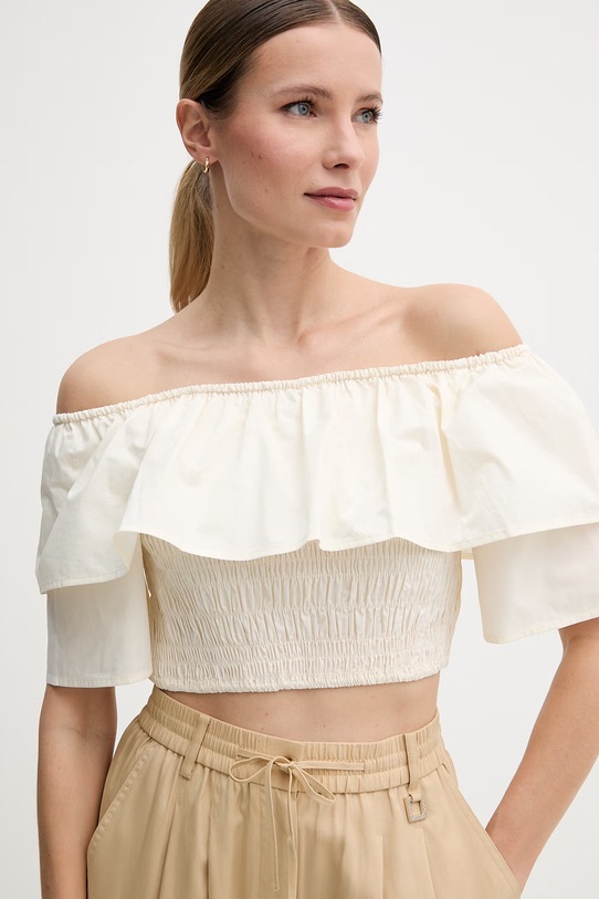Gaudi bluzka z falbanką damska bawełniana beżowy 611FD45012