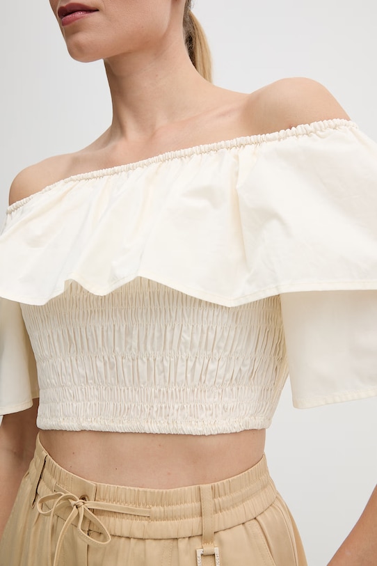 Gaudi bluzka z falbanką damska bawełniana 611FD45012 beżowy