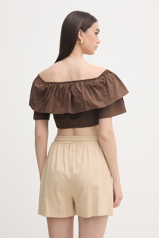 Odzież Gaudi bluzka z falbanką damska bawełniana 611FD45012 brązowy