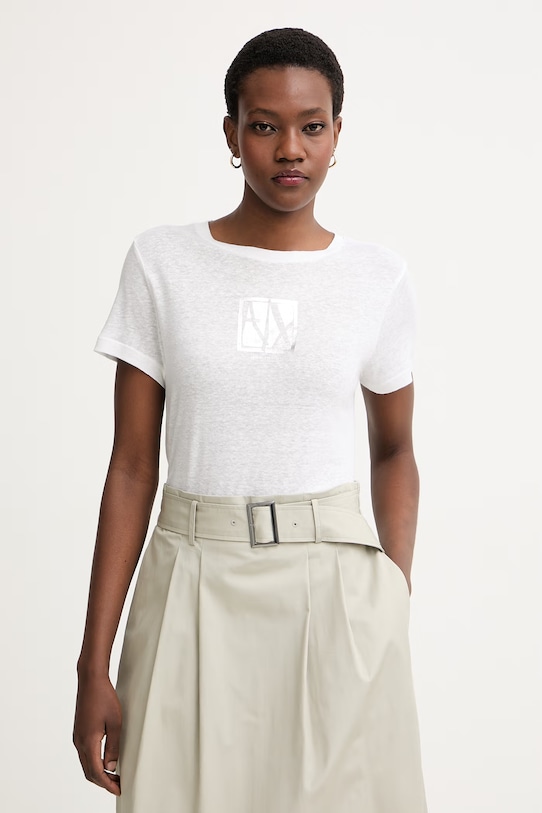 Armani Exchange kratka majica ženska z dodatkom lanu srebrna XW002288.AF12899