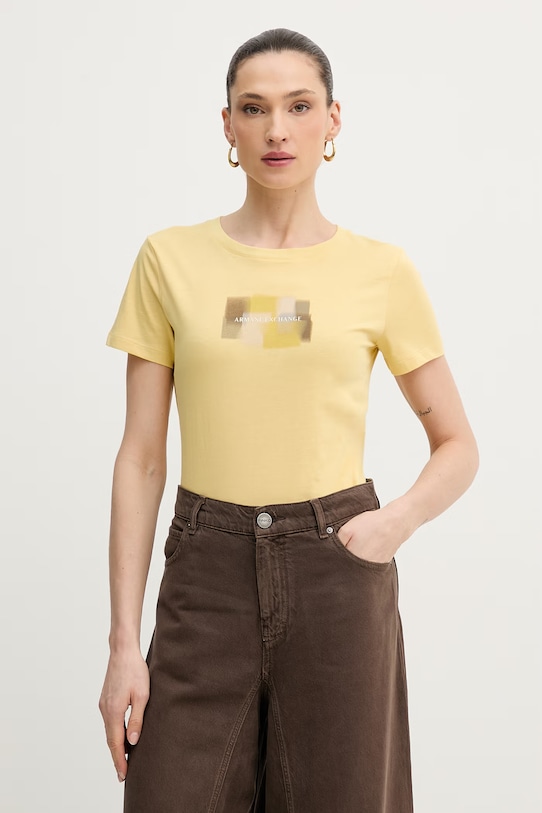 Bombažna kratka majica Armani Exchange Potisk rumena XW002322.AF10356