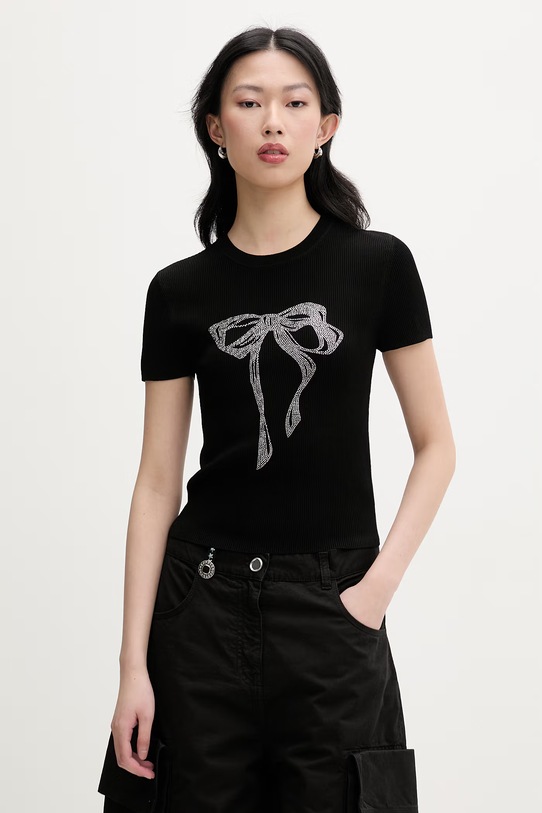 Miss Sixty T-shirt damski z dodatkiem jedwabiu czarny 6M1RJ12600