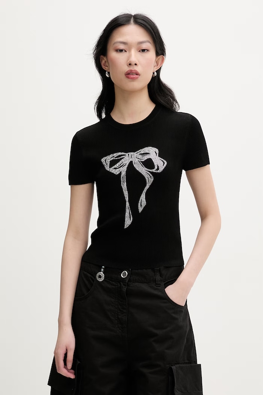 Miss Sixty T-shirt damski z dodatkiem jedwabiu czarny 6M1RJ12600